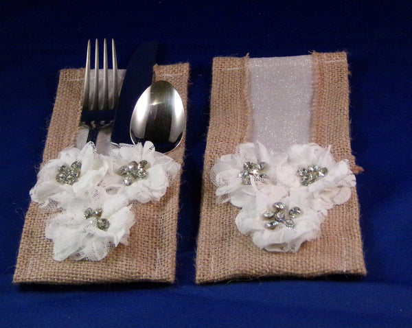 Utensil Holders - Silver Glitter White Lace Daisy Burlap - Set of Two